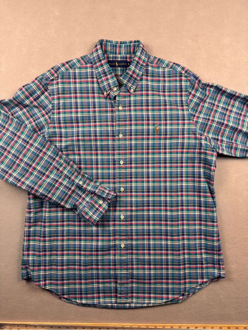 Ralph Lauren Men's XL Classic Fit Flesh Pony Blue Plaid Oxford LS Shirt Preppy